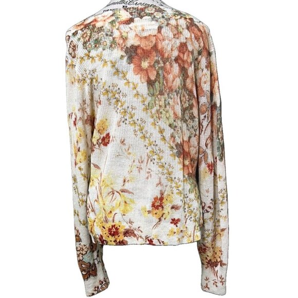 Anthropologie Floral Knit Sweater XS Ivory Linen Blend V Neck - Picture 6 of 16